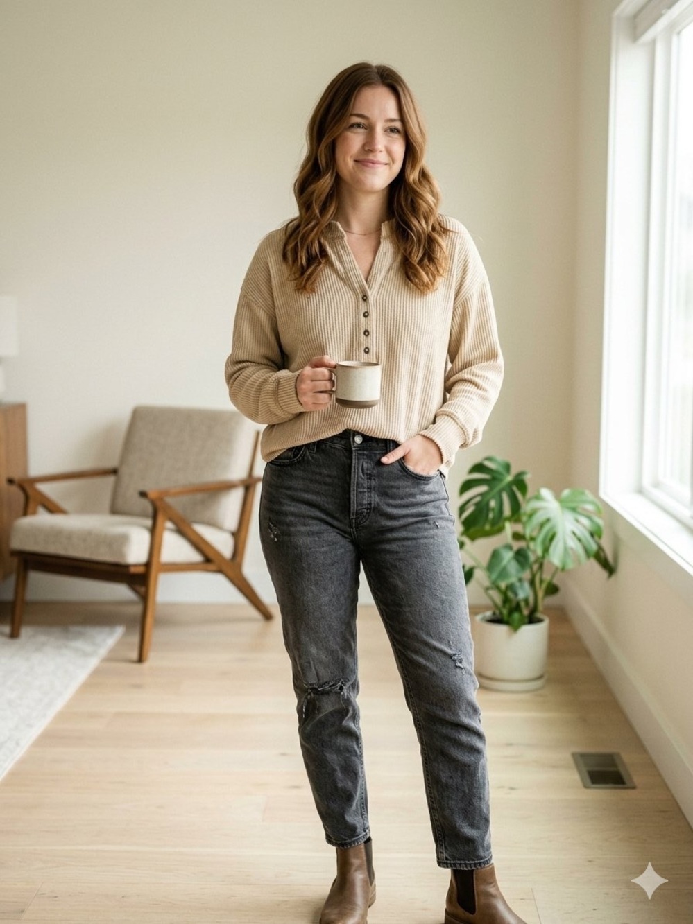 J.O.A. Ribbed Henley Pullover in Beige